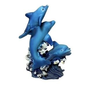 3 Vintage Ceramic Blue Dolphin Figurines Excellent Condition Sparkles Seafoam ￼￼